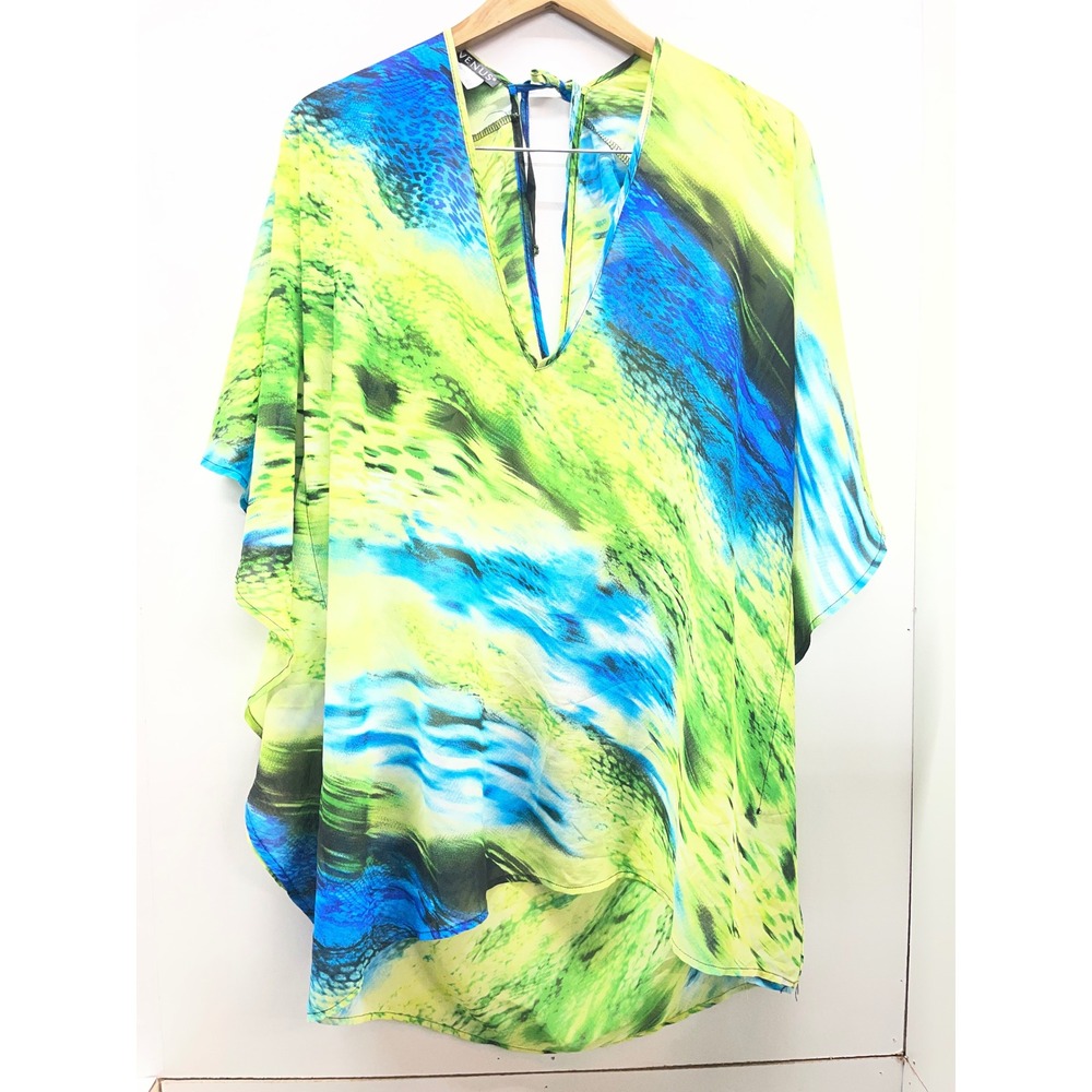 Venus Women Green Blue‎ Abstract Print Kaftan Top Beach Cover Up S/M